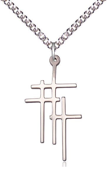 Sterling Silver Triple Cross Pendant on a 24 inch Sterling Silver Heavy Curb chain