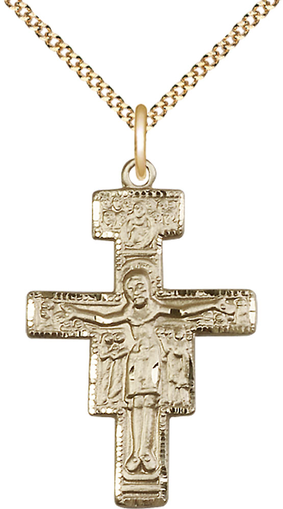 14kt Gold Filled San Damiano Crucifix Pendant on a 18 inch Gold Plate Light Curb chain