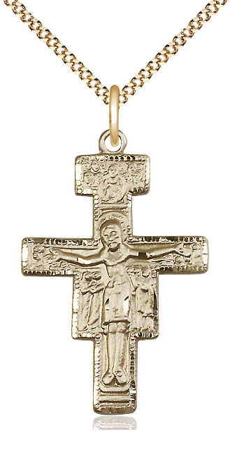 14kt Gold Filled San Damiano Crucifix Pendant on a 18 inch Gold Plate Light Curb chain