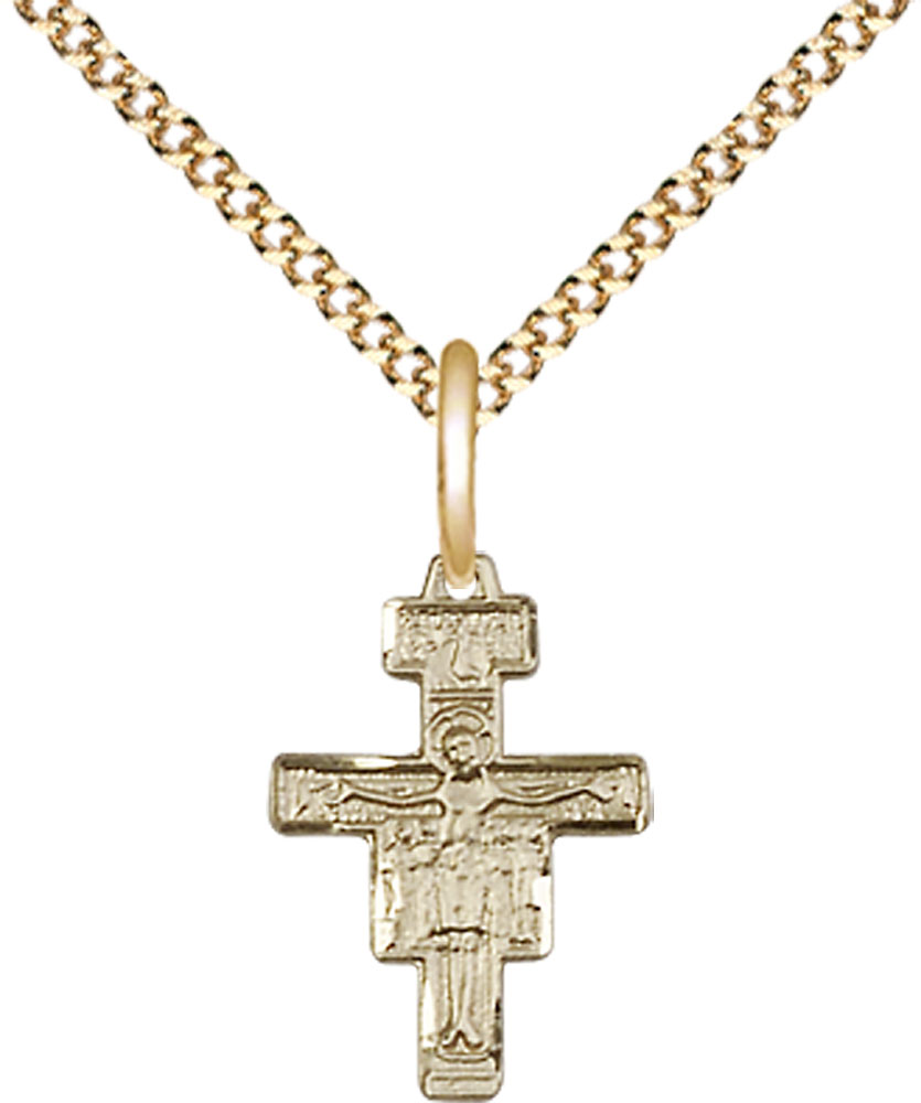 14kt Gold Filled San Damiano Crucifix Pendant on a 18 inch Gold Plate Light Curb chain