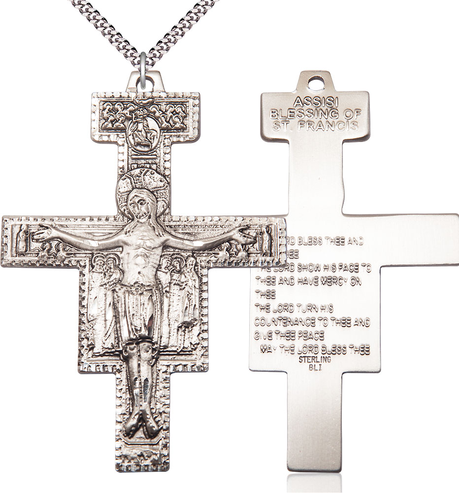 Sterling Silver Damiano Crucifix Pendant on a 24 inch Light Rhodium Heavy Curb chain