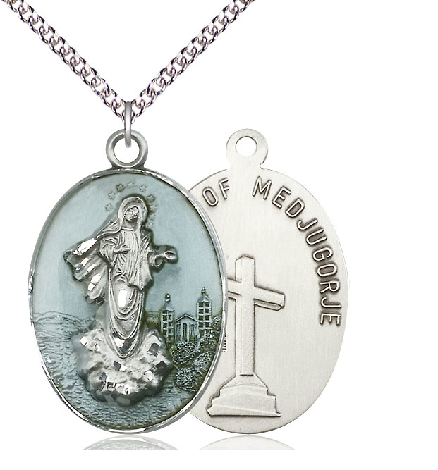Sterling Silver Medjugorje Pendant on a 24 inch Sterling Silver Heavy Curb chain
