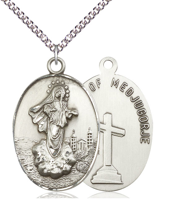 Sterling Silver Our Lady of Medugorje Pendant on a 24 inch Sterling Silver Heavy Curb chain