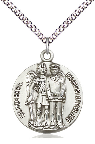 Sterling Silver Saint Michael the Archangel Pendant on a 24 inch Sterling Silver Heavy Curb chain