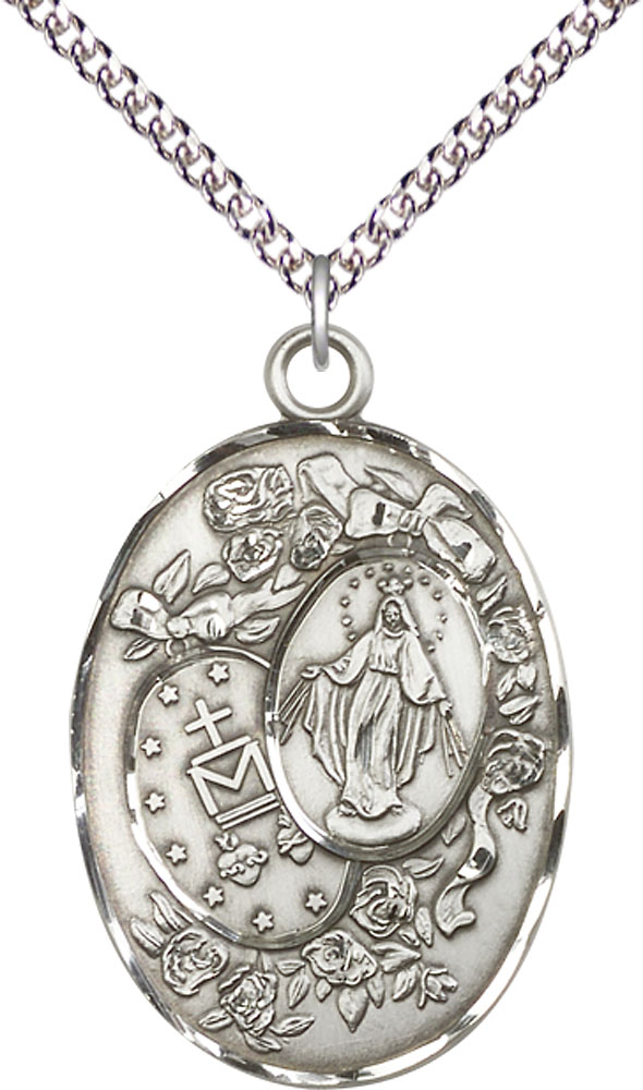 Sterling Silver Miraculous Pendant on a 24 inch Sterling Silver Heavy Curb chain