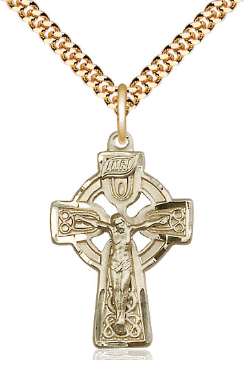 14kt Gold Filled Celtic Crucifix Pendant on a 24 inch Gold Plate Heavy Curb chain