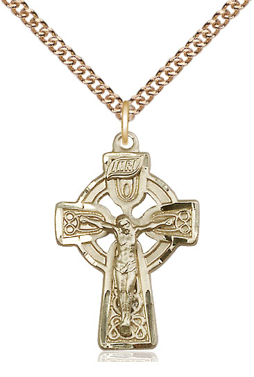14kt Gold Filled Celtic Crucifix Pendant on a 24 inch Gold Filled Heavy Curb chain