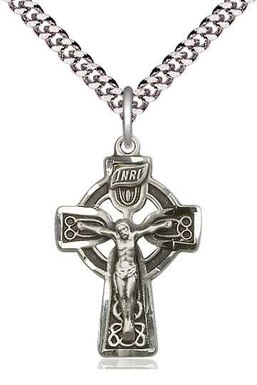 Sterling Silver Celtic Crucifix Pendant on a 24 inch Light Rhodium Heavy Curb chain