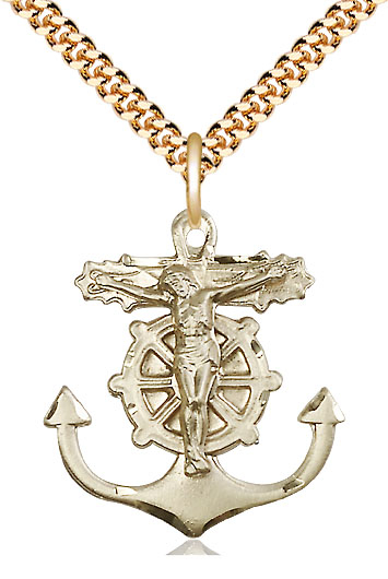 14kt Gold Filled Anchor Crucifix Pendant on a 24 inch Gold Plate Heavy Curb chain