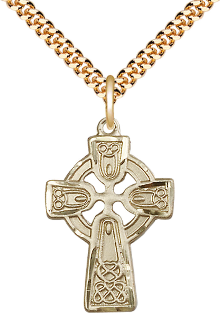 14kt Gold Filled Celtic Cross Pendant on a 24 inch Gold Plate Heavy Curb chain