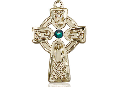 14kt Gold Celtic Cross w/ Emerald Stone Medal with a 3mm Emerald Swarovski stone