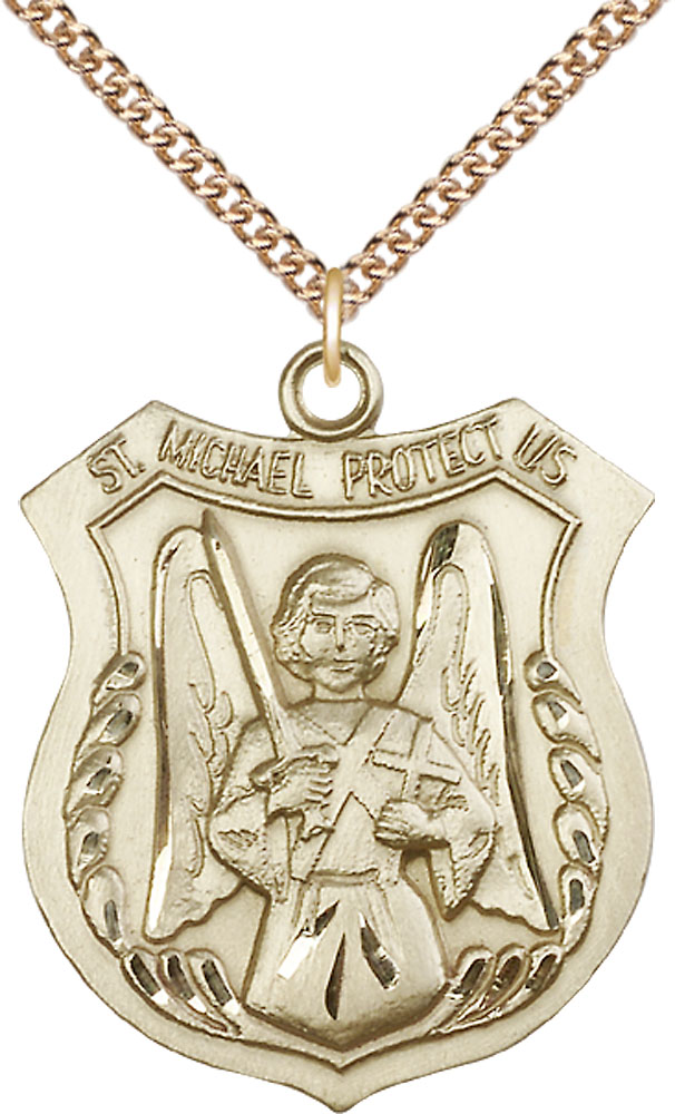 14kt Gold Filled Saint Michael the Archangel Pendant on a 24 inch Gold Filled Heavy Curb chain