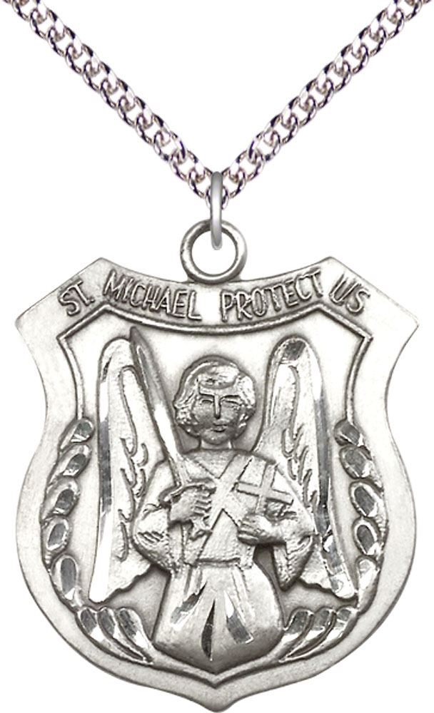 Sterling Silver Saint Michael the Archangel Pendant on a 24 inch Sterling Silver Heavy Curb chain