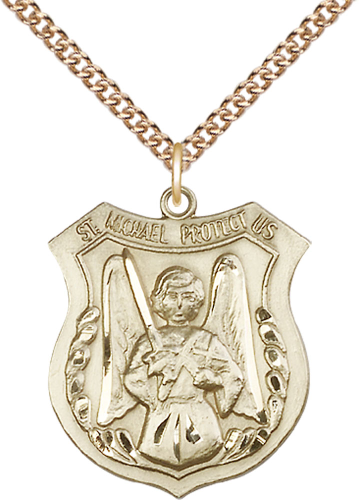 14kt Gold Filled Saint Michael the Archangel Pendant on a 24 inch Gold Filled Heavy Curb chain