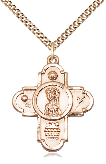 14kt Gold Filled 5-Way St Christopher Sports Pendant on a 24 inch Gold Filled Heavy Curb chain