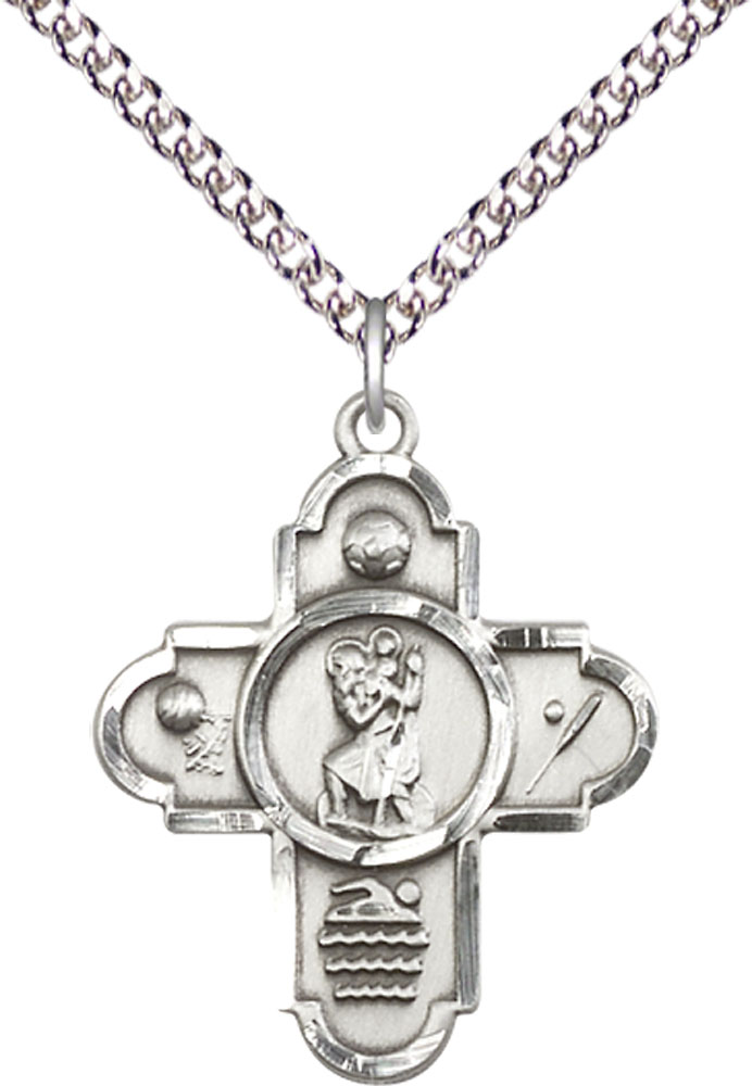 Sterling Silver 5-Way St Christopher Sports Pendant on a 24 inch Sterling Silver Heavy Curb chain