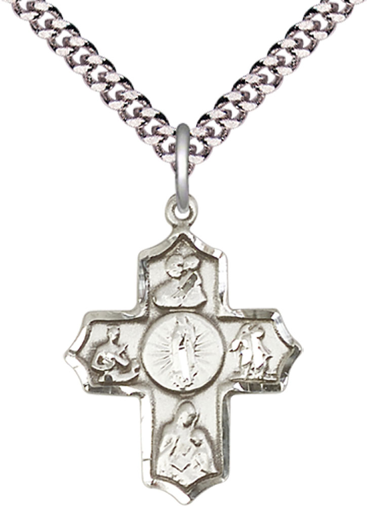 Sterling Silver 5-Way Our Lady of Guadalupe Pendant on a 24 inch Light Rhodium Heavy Curb chain