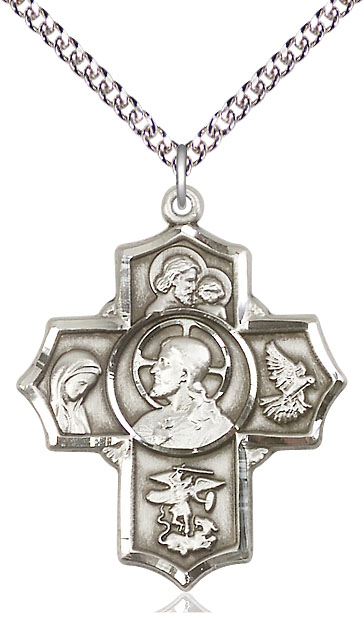 Sterling Silver Sacred Heart 5-Way Pendant on a 24 inch Sterling Silver Heavy Curb chain
