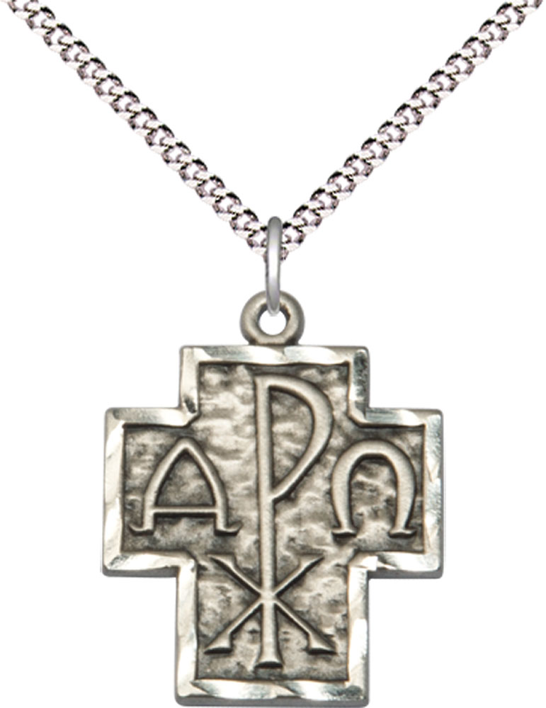 Sterling Silver Alpha &amp; Omega Pendant on a 18 inch Light Rhodium Light Curb chain