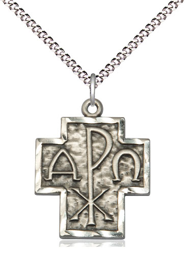 Sterling Silver Alpha &amp; Omega Pendant on a 18 inch Light Rhodium Light Curb chain