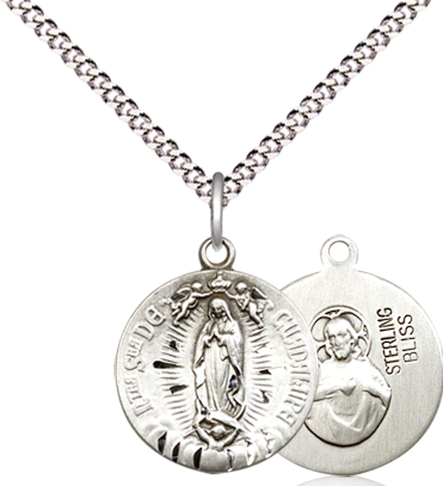 Sterling Silver Our Lady of Guadalupe Pendant on a 18 inch Light Rhodium Light Curb chain