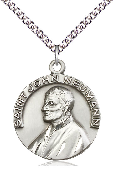 Sterling Silver Saint John Neumann Pendant on a 24 inch Sterling Silver Heavy Curb chain