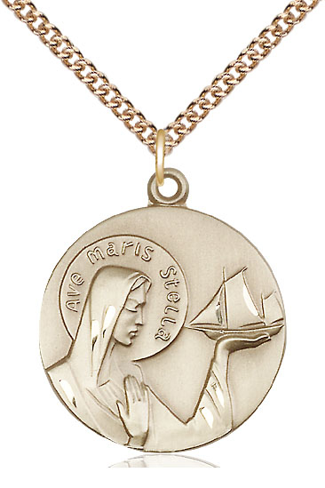 14kt Gold Filled Our Lady Star of the Sea Pendant on a 24 inch Gold Filled Heavy Curb chain