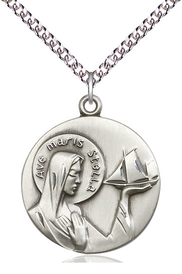 Sterling Silver Our Lady Star of the Sea Pendant on a 24 inch Sterling Silver Heavy Curb chain