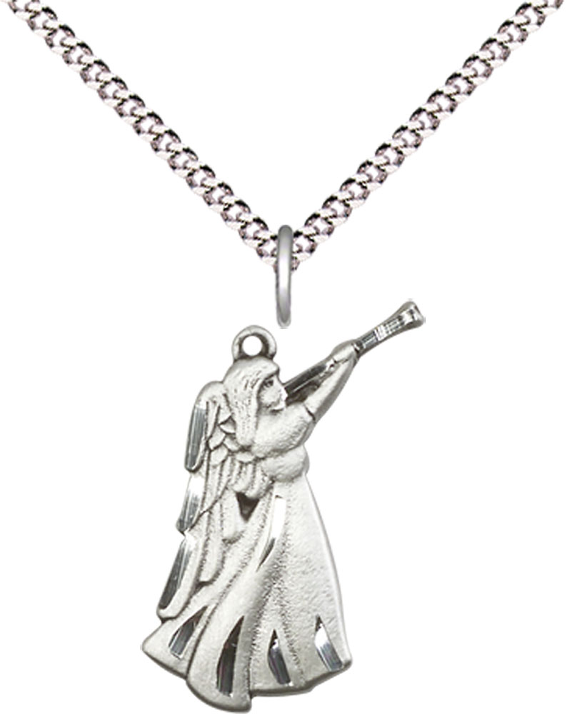 Sterling Silver Guardian Angel Pendant on a 18 inch Light Rhodium Light Curb chain