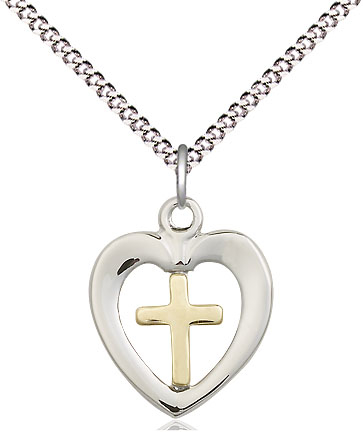 Two-Tone GF/SS Heart Cross Pendant on a 18 inch Light Rhodium Light Curb chain