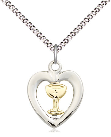 Two-Tone GF/SS Heart / Chalice Pendant on a 18 inch Light Rhodium Light Curb chain