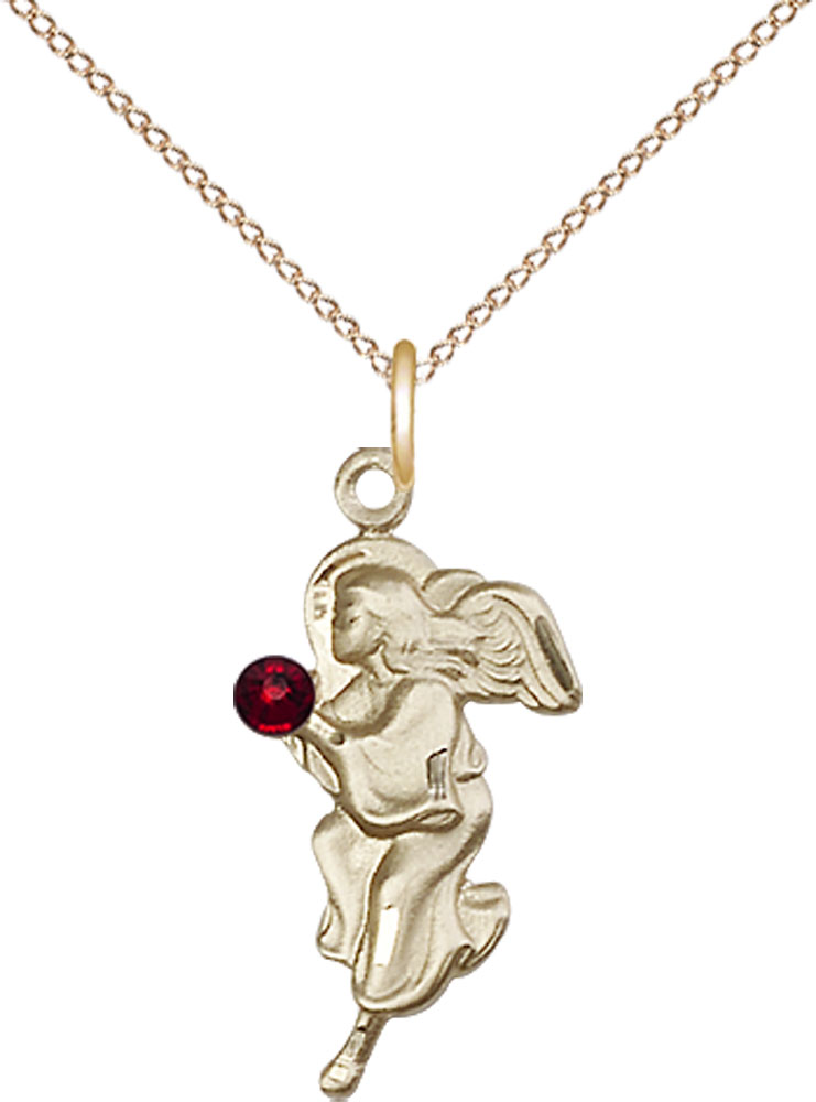14kt Gold Filled Guardian Angel Pendant with a 3mm Garnet Swarovski stone on a 18 inch Gold Filled Light Curb chain