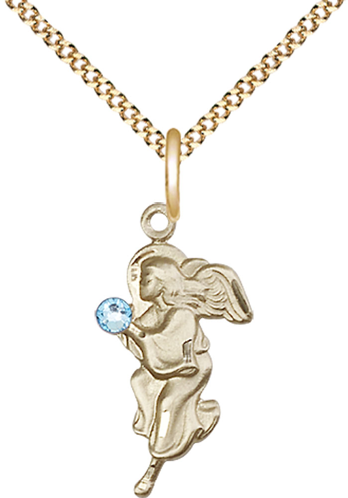 14kt Gold Filled Guardian Angel Pendant with a 3mm Aqua Swarovski stone on a 18 inch Gold Plate Light Curb chain