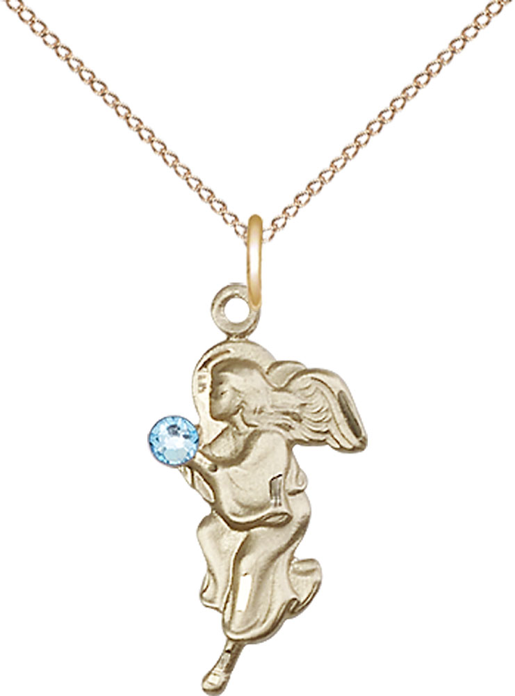 14kt Gold Filled Guardian Angel Pendant with a 3mm Aqua Swarovski stone on a 18 inch Gold Filled Light Curb chain