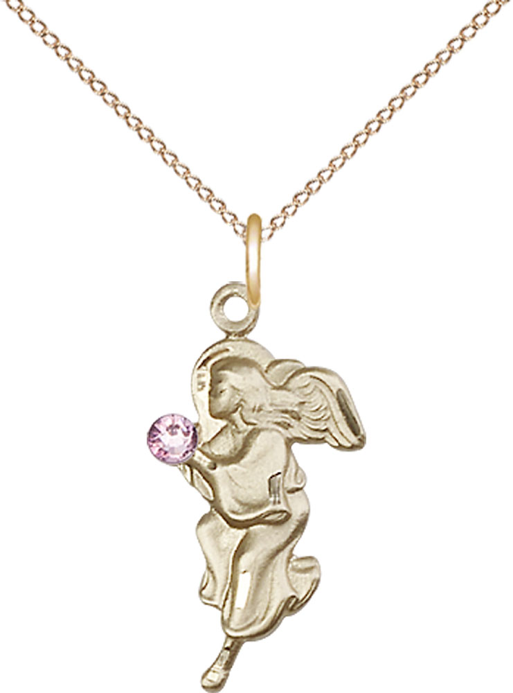 14kt Gold Filled Guardian Angel Pendant with a 3mm Light Amethyst Swarovski stone on a 18 inch Gold Filled Light Curb chain