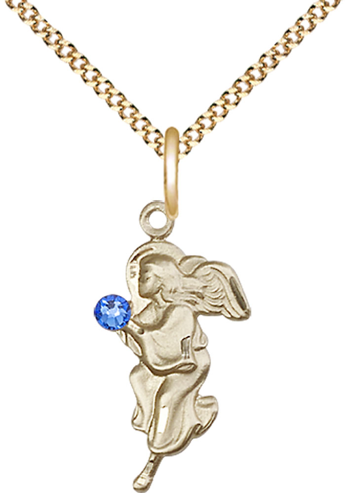 14kt Gold Filled Guardian Angel Pendant with a 3mm Sapphire Swarovski stone on a 18 inch Gold Plate Light Curb chain