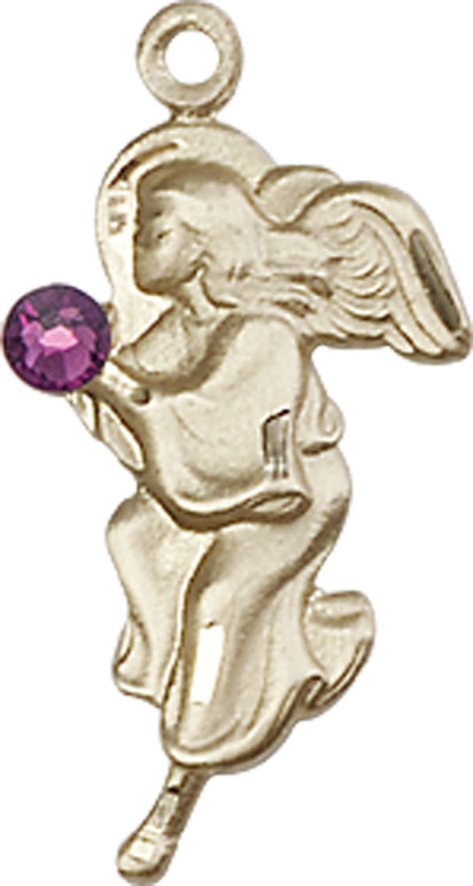 14kt Gold Guardian Angel Medal with a 3mm Amethyst Swarovski stone