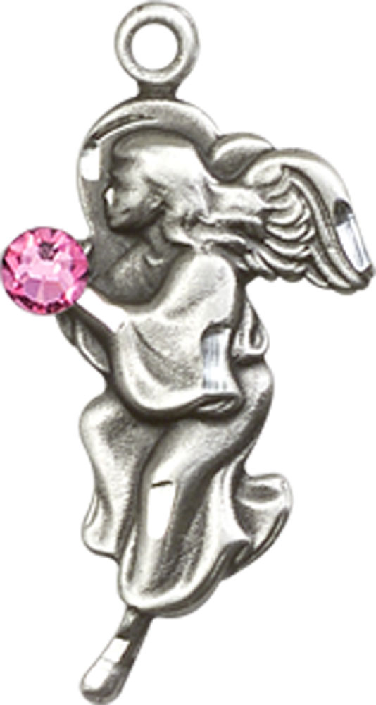 Sterling Silver Guardian Angel Medal with a 3mm Rose Swarovski stone