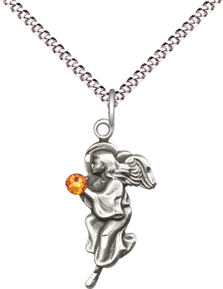 Sterling Silver Guardian Angel Pendant with a 3mm Topaz Swarovski stone on a 18 inch Light Rhodium Light Curb chain