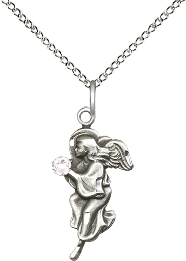 Sterling Silver Guardian Angel Pendant with a 3mm Crystal Swarovski stone on a 18 inch Sterling Silver Light Curb chain