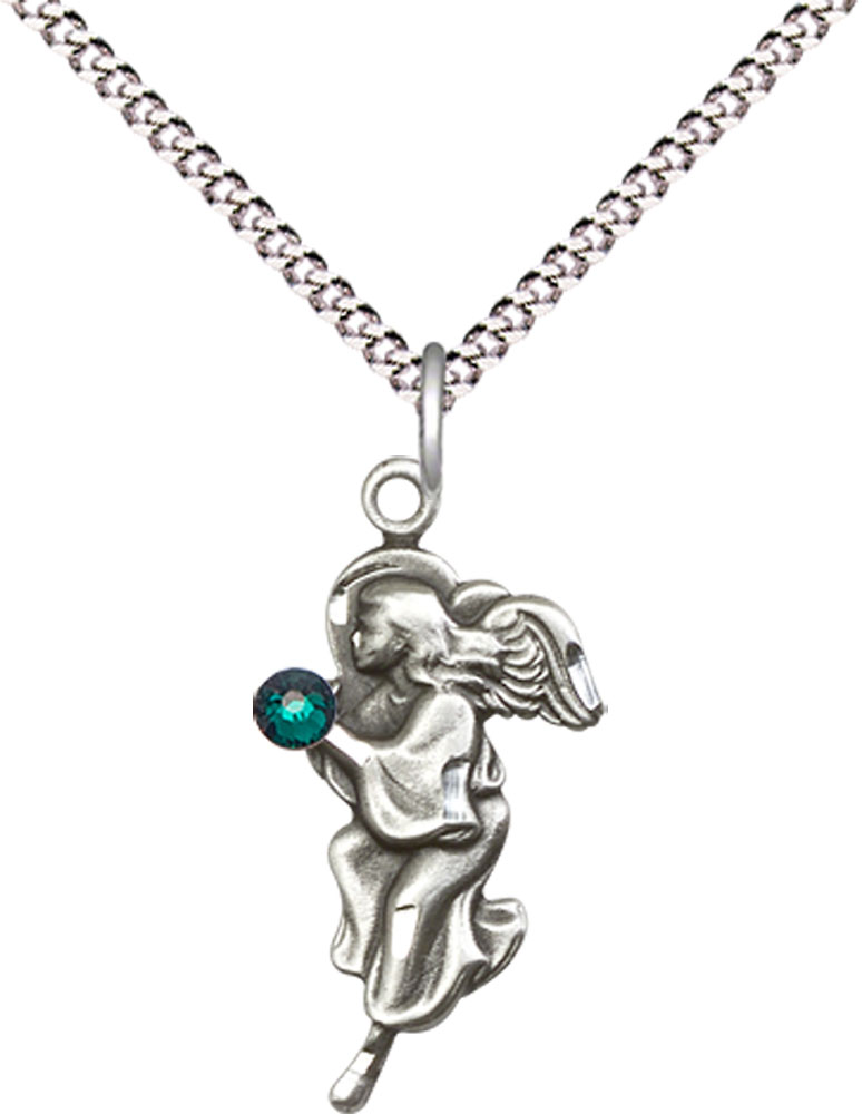 Sterling Silver Guardian Angel Pendant with a 3mm Emerald Swarovski stone on a 18 inch Light Rhodium Light Curb chain