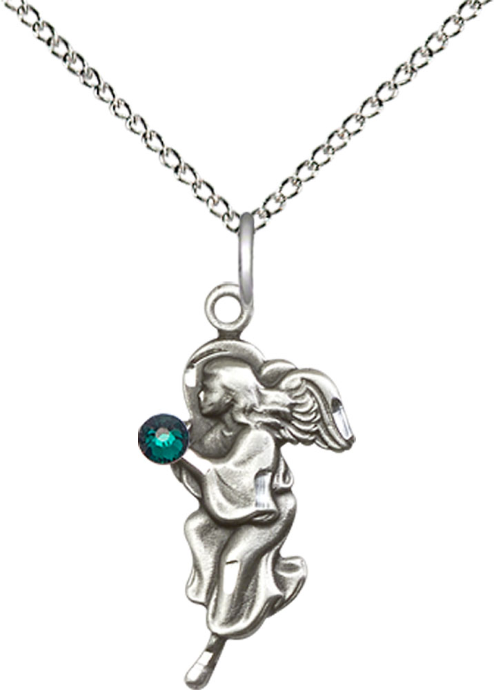 Sterling Silver Guardian Angel Pendant with a 3mm Emerald Swarovski stone on a 18 inch Sterling Silver Light Curb chain