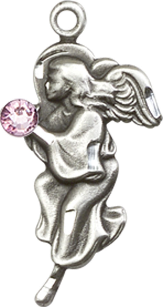 Sterling Silver Guardian Angel Medal with a 3mm Light Amethyst Swarovski stone
