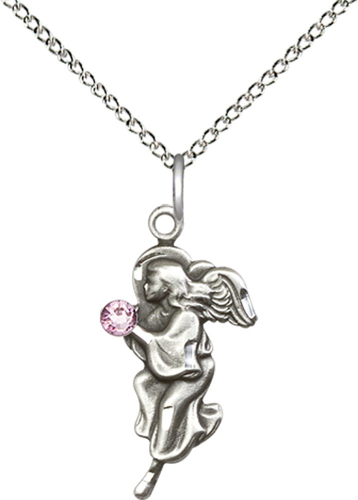 Sterling Silver Guardian Angel Pendant with a 3mm Light Amethyst Swarovski stone on a 18 inch Sterling Silver Light Curb chain