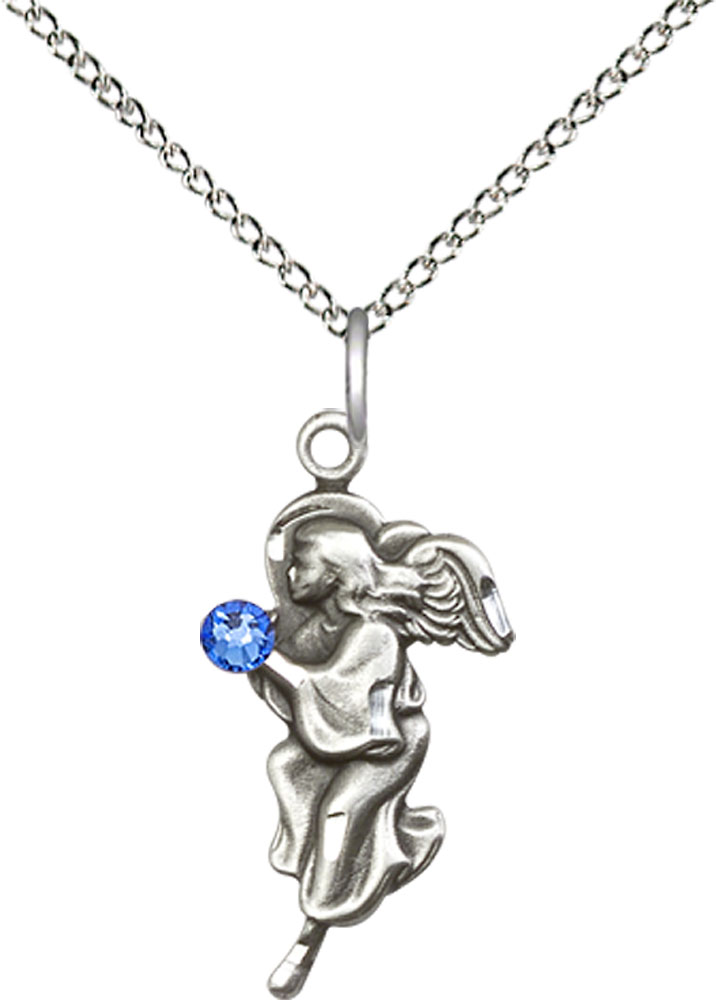 Sterling Silver Guardian Angel Pendant with a 3mm Sapphire Swarovski stone on a 18 inch Sterling Silver Light Curb chain