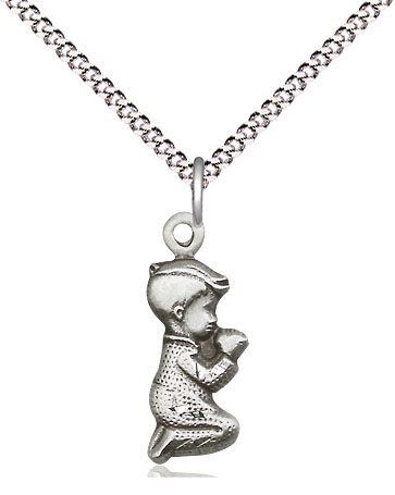 Sterling Silver Praying Boy Pendant on a 18 inch Light Rhodium Light Curb chain