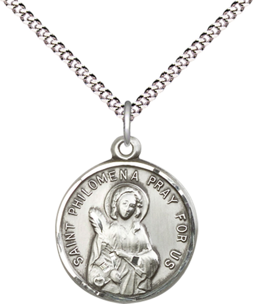 Sterling Silver Saint Philomena Pendant on a 18 inch Light Rhodium Light Curb chain