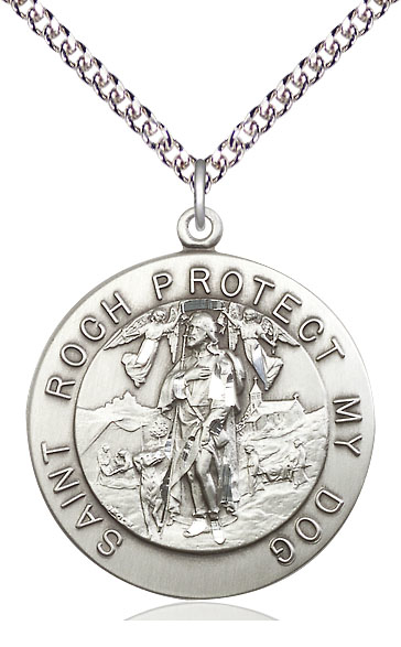 Sterling Silver Saint Roch Pendant on a 24 inch Sterling Silver Heavy Curb chain