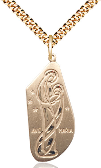 14kt Gold Filled Ave Maria Pendant on a 24 inch Gold Plate Heavy Curb chain