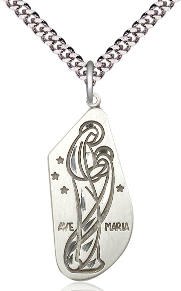 Sterling Silver Ave Maria Pendant on a 24 inch Light Rhodium Heavy Curb chain